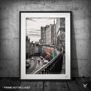 Edinburgh Art Print, Colourful Victoria Street, Scotland Photography, Travel art, Diagon Alley, Edinburgh Castle, Black and White Photograph