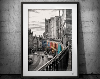 Edinburgh Art Print, Colourful Victoria Street, Scotland Photography, Travel art, Diagon Alley, Edinburgh Castle, Black and White Photograph