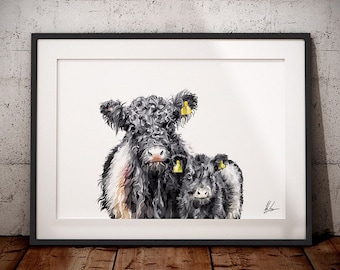 Belted Galloway Cow Calf Art Print | Highland Farm Animal Wall Art | Rustic Farmhouse Decor | Black White Cow Artwork | Country Home Poster
