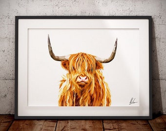 Highland Cow Print - Highland cow Art - Highland Cow painting - Scottish Highland Cow - Highland coo picture - Scotland - Hairy Cow Print