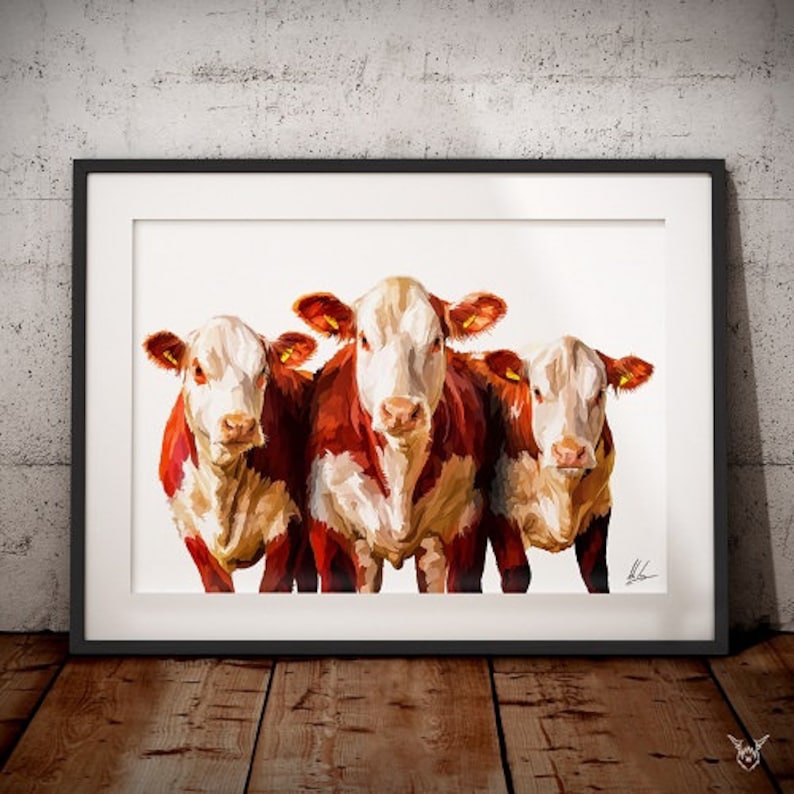Hereford Cattle Art Print Cow Painting Farmhouse Decor Etsy