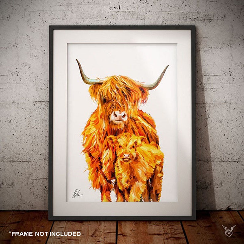 Highland Cow & Calf painting Highland Cow art print Hairy Coo Highland Cow picture Scottish Cow print Colourful highland cow print image 1