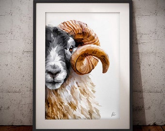 Blackface Sheep Painting - Rams Head Art Print - Sheep Print - Blackface Sheep - Ram - Scottish Sheep Print - Farmhouse decor - Sheep Gift
