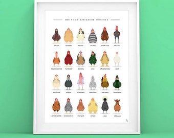 British Chicken Breeds Print - Chicken Art - Chicken Poster - Chicken Breeds poster - Chicken Print - Nursery decor - Farm Animal art print