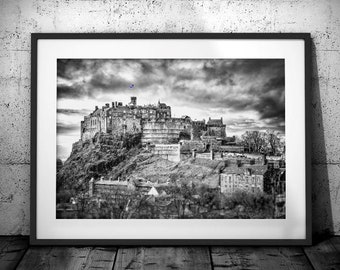 Edinburgh Castle View, Edinburgh Black and White photography print, Travel art, Scottish Castle, Edinburgh Castle Wall Art, Black White Art