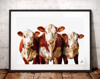 Hereford Cattle Art Print - Cow Painting - Farmhouse decor - Farm Art - Cow Picture - Hereford Cow - British Hereford Cattle - Cow Gift
