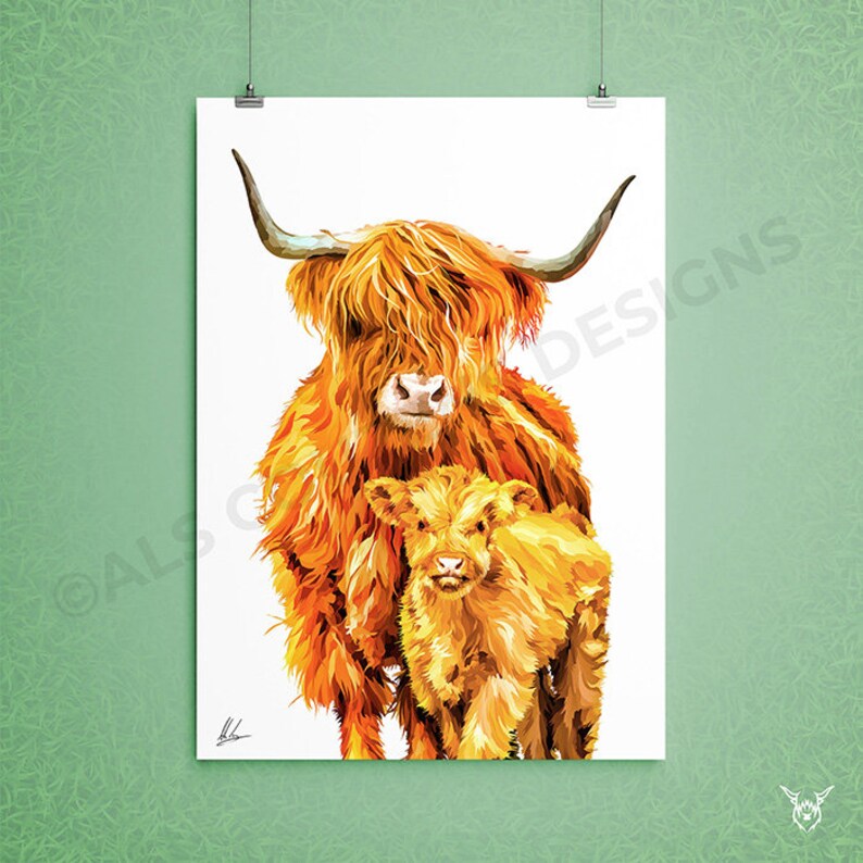 Highland Cow & Calf painting Highland Cow art print Hairy Coo Highland Cow picture Scottish Cow print Colourful highland cow print image 3