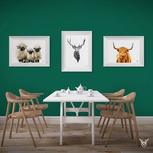 May include: Three framed animal illustrations on a green wall above a white dining table with four chairs. The illustrations are of a Highland cow, a stag, and two sheep.
