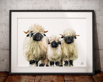 Valais Blacknose Sheep Painting - Valais Blacknose sheep art print - Sheep Print - Blacknose Sheep Painting - Swiss Valais blacknose Sheep