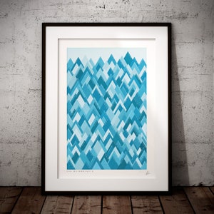 May include: A framed art print with a geometric design of blue and teal diamond shapes. The artwork has a light blue background and is titled "THE WAINWRIGHTS" at the bottom.