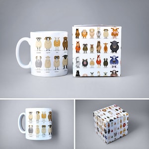 May include: A white ceramic mug with a colorful illustration of different sheep breeds. The mug has a handle and is filled with a white liquid. The mug is sitting on a white surface. The mug is next to a white box with a colorful illustration of different sheep breeds on the front.
