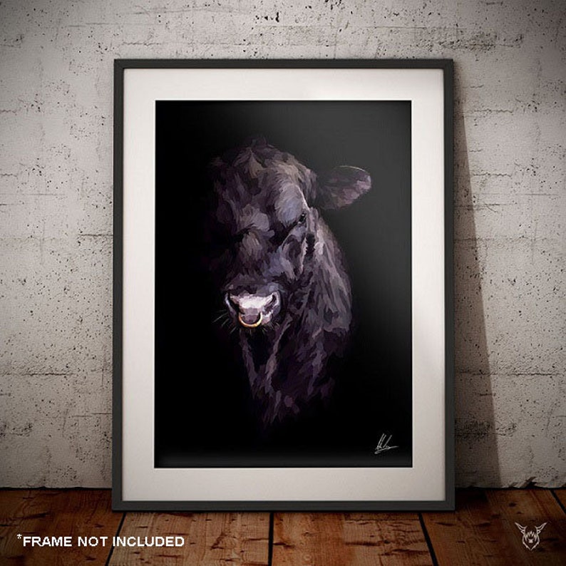 May include: A black and white digital painting of a black Angus calf with a ring in its nose. The calf is looking directly at the viewer. The background is black.