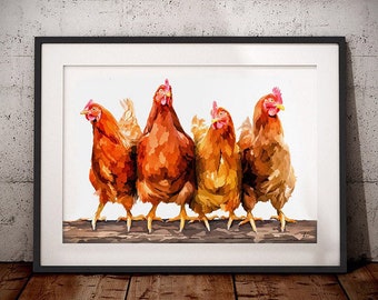 Chicken Print - Row of Chickens - Chicken Painting - Chicken Illustration - Row of Hens - Chicken gift - Chicken lover - Farmhouse decor