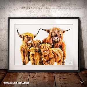 Highland Cow Family Art Print - Highland Cow Family Painting - Highland Cow print - Scottish Highland Cow - Highland cow Family picture