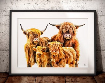 Highland Kuh Familie Kunstdruck - Highland Kuh Familie Gemälde - Highland Kuh Druck - Scottish Highland Kuh - Highland Kuh Familienbild