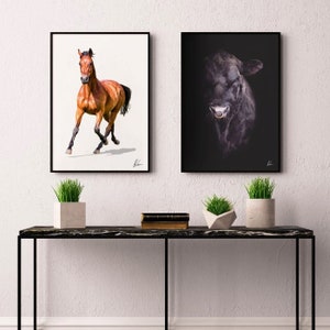 May include: Two framed animal prints, one of a brown horse running and the other of a black bull, are displayed on a black marble console table with two potted plants and a stack of books.