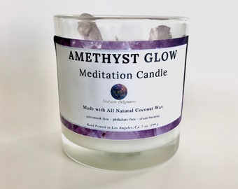 Amethyst Glow Handmade Meditation Candle, Coconut & Soy Wax Blend, Crystals, Relaxing, Meditation, Yoga, Scented Candle, Container Candles