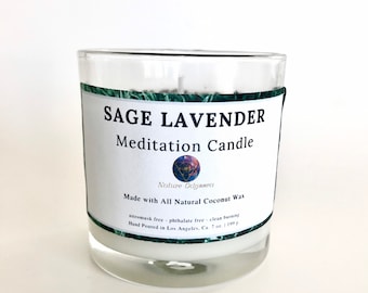 Sage Lavender Handmade Meditation Candle, Coconut & Soy Wax Blend, Candles, Meditation, Yoga, Scented Candle, Relaxing, Purity, Container