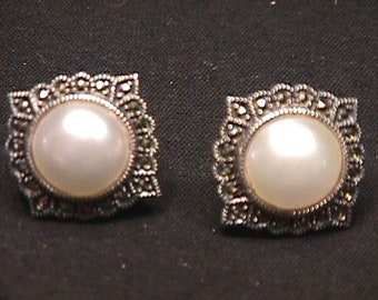 A Vintage Pair of Sterling Silver Pearl, and Marcasite Earrings with Locking Clasps and Ready to be Worn