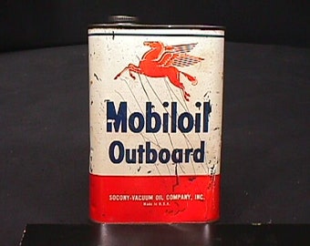 An Antique Mobiloil Outboard Oil Quart Empty Metal Container as-is