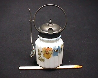 An Antique 1890's Hand Painted Mt. Washington Ribbed Covered Mustard with a Spoon & Handle Real Nice   # 9