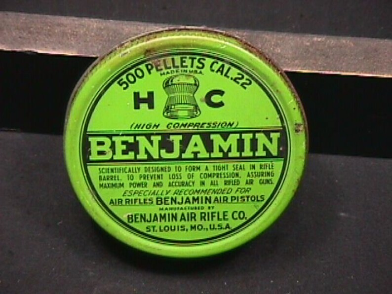 Antique Almost Full Tin of Benjamin Air Rifle Co Tin is Still Nice 500 Pellets 22 Cal
