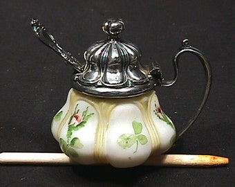 An Antique 1890's Hand Painted Mt. Washington Silver Plated Fig Shaped Covered Mustard with a Wallace Spoon Real Nice   # 8