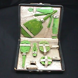 Antique 12 Piece Bakelite ? Celloid ? Traveling Dresser Set in Original Case as-is