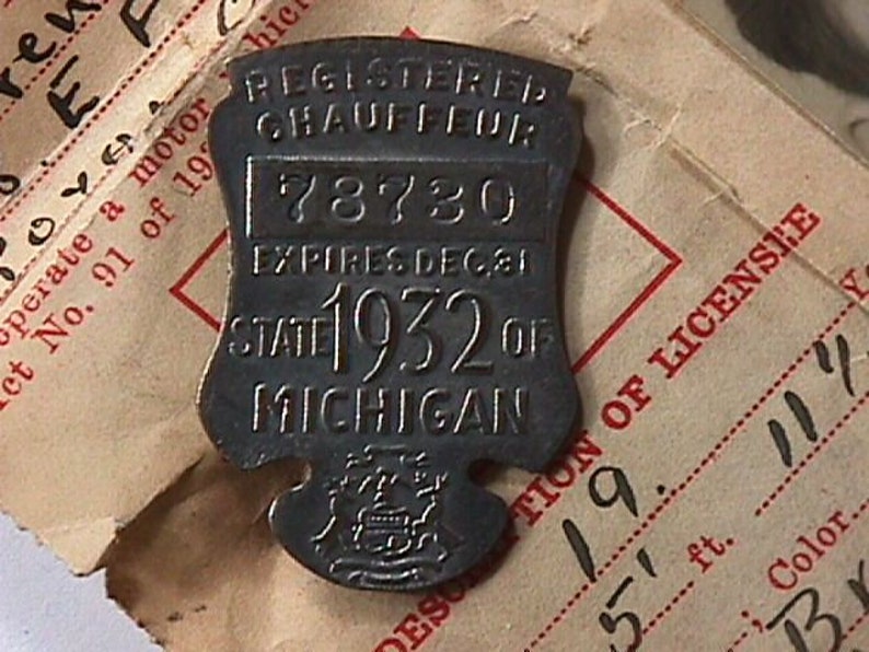 A Vintage 1932 Michigan Chauffeur License along with it's Etsy