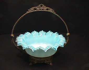 Antique Ruffled Glass Brides Basket with a Silver Platted Frame Real Nice