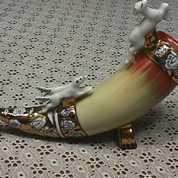 Vintage Porcelain Gold Trimmed Cow Horn with a Deer & Dogs on it in Great Original Condition