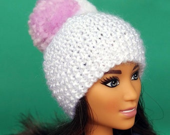 Doll clothes pom pom hat curvy Barbie winter wear warm beanie WWE accessories beret 1/6 bjd fashion royalty poppy parker 4-4,5 inch head cap