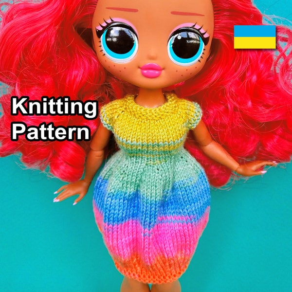 PDF Pattern knitted bubble dress for dolls. Knitting tutorial - lol size dress. Instructions craft dolls clothes. How make doll knee dress.