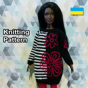 PDF Pattern knitted doll dress 1/6 scale. Instructions - clothes warm gown for curvy fashion doll Barbie-size. Tutorial dolls casual wear.