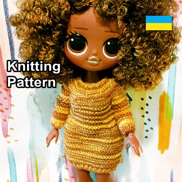 PDF Pattern knitted Autumn Striped Dress for doll. Knitting tutorial - lol and rainbow doll size. Craft dolls clothes. How make doll dress.