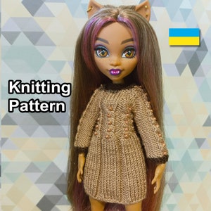 May include: Knitting pattern for a brown dress with gold beads. The dress is being worn by a doll with brown hair and purple highlights. The text "Knitting Pattern" is visible in the image.