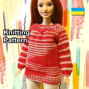 PDF Pattern knitted doll sweater. Instructions craft dolls clothes. Knitting tutorial how make doll pullover. Knit for fashion curvy dolls.