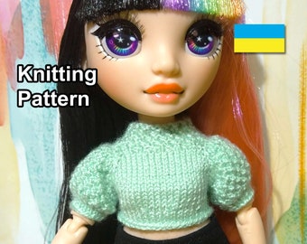 PDF Pattern knitted Puff Sleeve Crop-Sweater for rainbow doll. Guide craft dolls clothes. Knitting tutorial pullover. How make doll top.