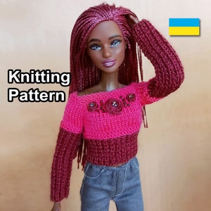 PDF Pattern knitted doll sweater. Instructions craft dolls clothes. Knitting tutorial pullover. How make doll shirt. Knit for fashion dolls.