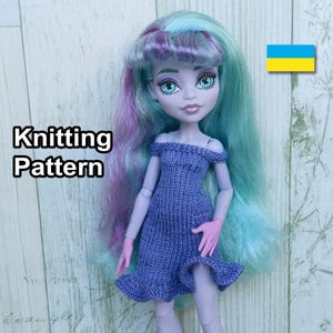 PDF Pattern - Doll Knitted Dress “Tender Iris”. Doll's clothing for monster G3 with regular body type. Knitting high fashion gown tutorial.