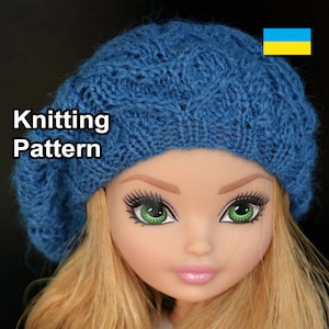 May include: A blue knitted beret with a cable knit pattern. The beret is worn by a doll with blonde hair and green eyes. The text "Knitting Pattern" is visible in the image.
