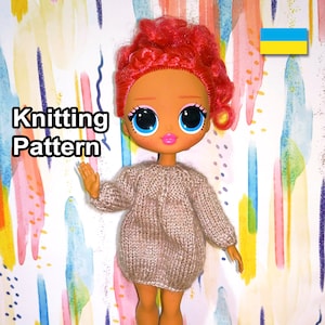 PDF Pattern knitted oversize sweater-dress for dolls. Knitting tutorial - lol size dress. Instructions craft dolls clothes cozy warm dress.