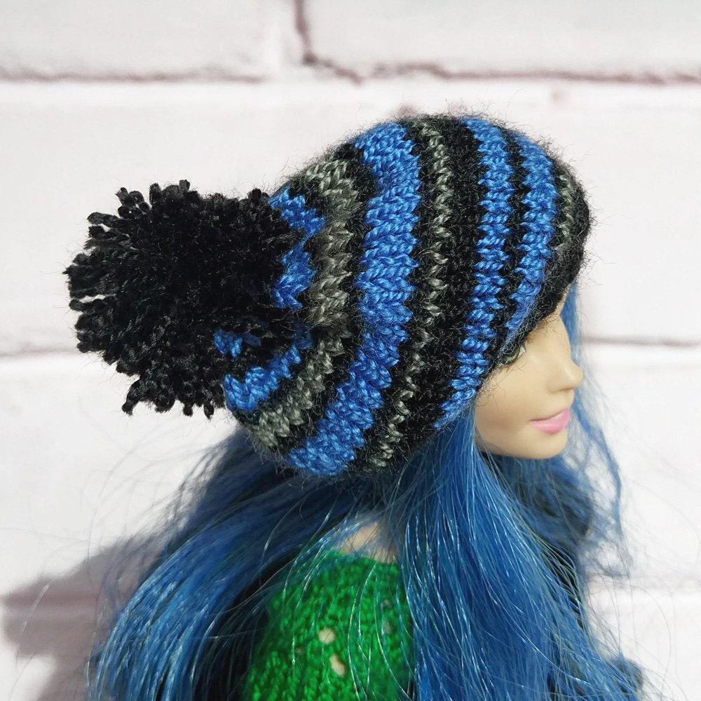 Doll clothes striped hat Barbie winter wear warm pom pom beret | Etsy