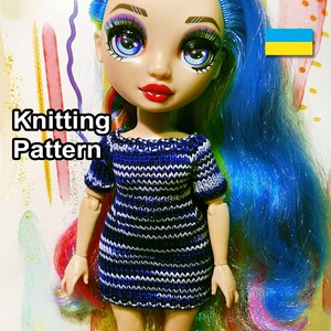 May include: Knitting pattern for a striped blue and white dress for a doll. The doll has blue hair and is wearing the dress. The text "Knitting Pattern" is visible in the image.
