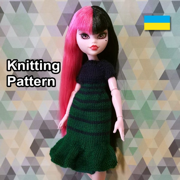 PDF Pattern - Doll Knitted Dress. Instructions doll's clothing for monster G3 Laura. Knitting high fashion drop waist dress tutorial.