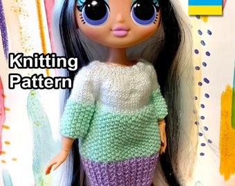 Patrón PDF para vestido de punto tricolor para muñecas. Tutorial de tejido: vestido talla LOL. Instrucciones para confeccionar ropa para muñecas. Cómo hacer un vestido para muñecas.