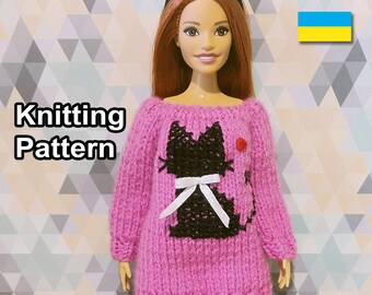 Patrón PDF para un vestido-suéter de punto para muñeca, escala 1/6. Ropa abrigada para muñecas de moda con curvas, talla Barbie o similar. Tutorial de ropa informal para muñecas.