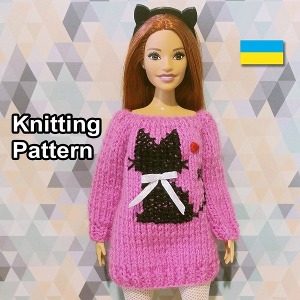 PDF Pattern knitted doll sweater-dress 1/6 scale. Clothes warm gown for curvy fashion doll Barbie-size or ILY. Tutorial dolls casual wear.