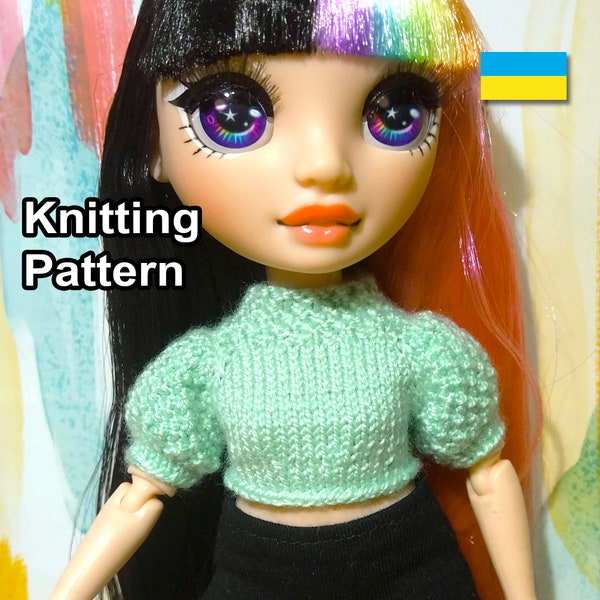 PDF Pattern knitted Puff Sleeve Crop-Sweater for rainbow doll. Guide craft dolls clothes. Knitting tutorial pullover. How make doll top.