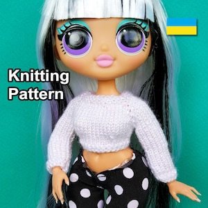 May include: Knitting pattern for a white cropped sweater with long sleeves. The sweater is being worn by a doll with black and white hair and large eyes. The doll is wearing black and white polka dot pants.